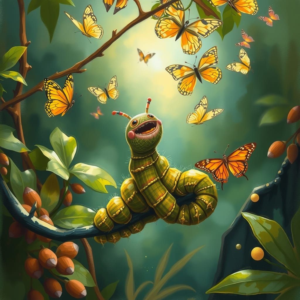 Excited Caterpillar Beside Cocoon in Naturalist Style