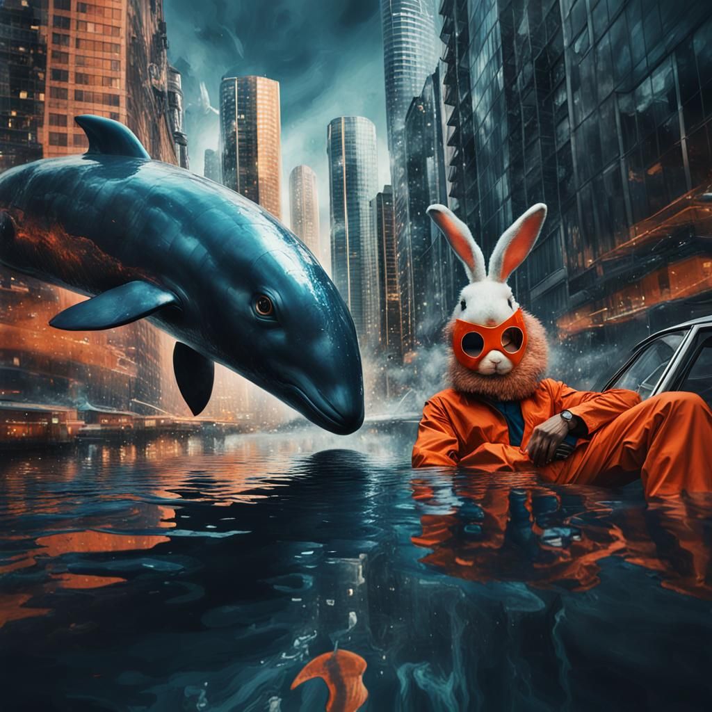Surreal Rabbit Rider on Flying Whale in Dream City