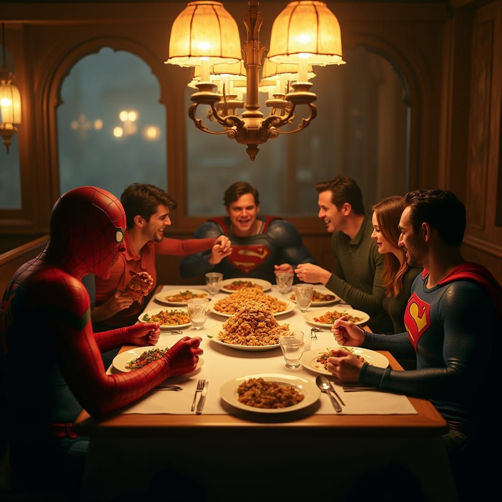 Superheroes Enjoy a Lavish Dinner in a High-End Restaurant