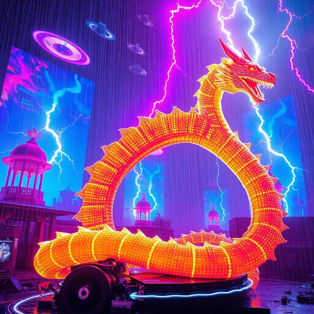 Cyberpunk Circuit Dragon Soaring Through Neon Temples