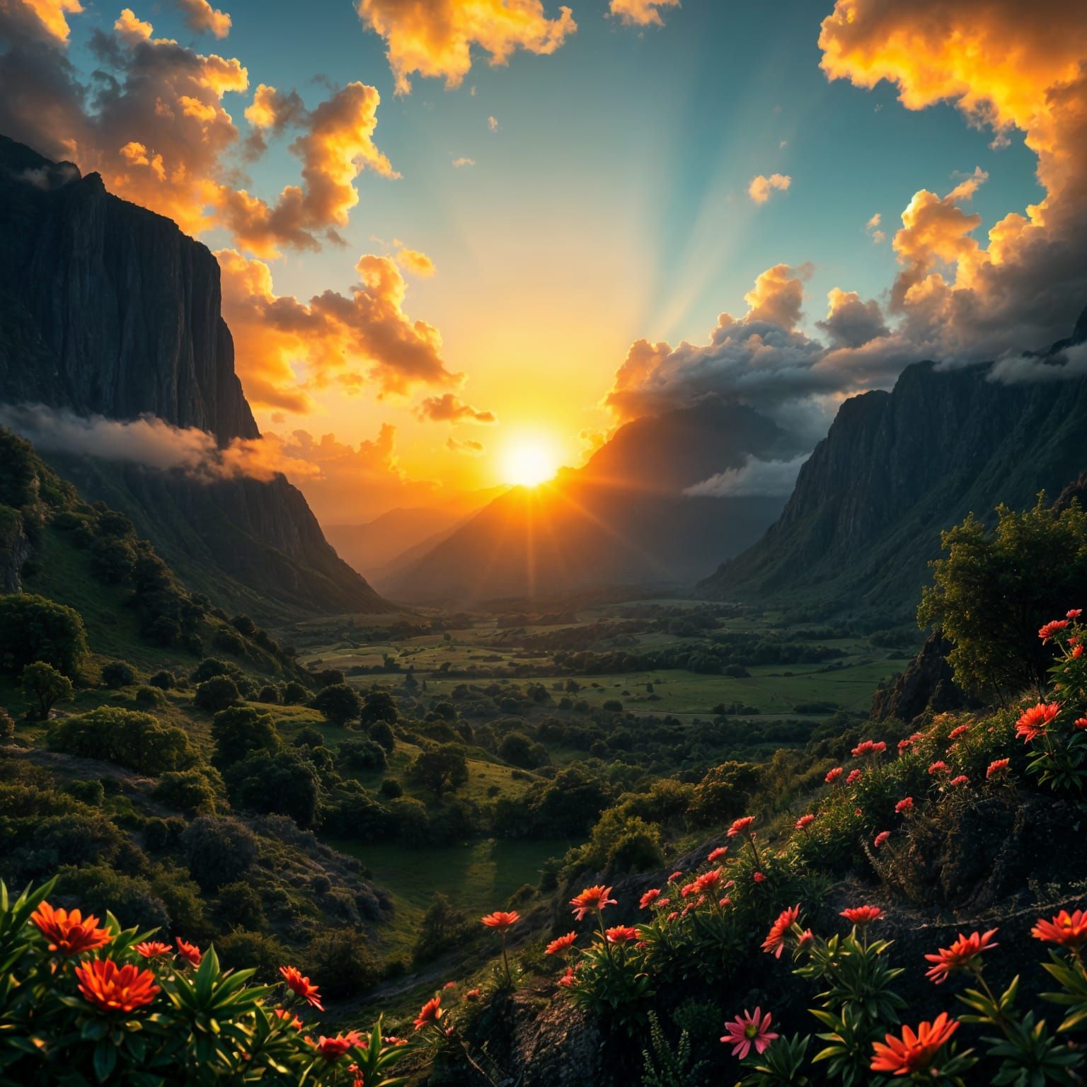 Magical Green Valley Sunset: Hyperrealistic Landscape