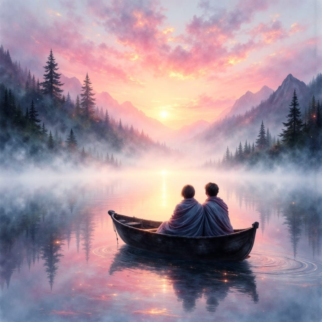 Couple on Misty Lake at Dawn Oil Painting