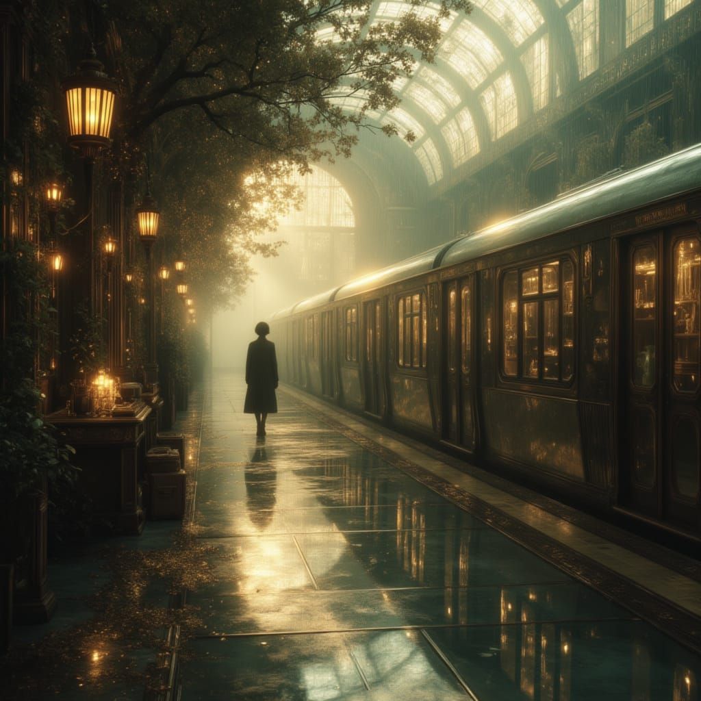 Misty Dawn Train Platform with Woman and Timeless Train