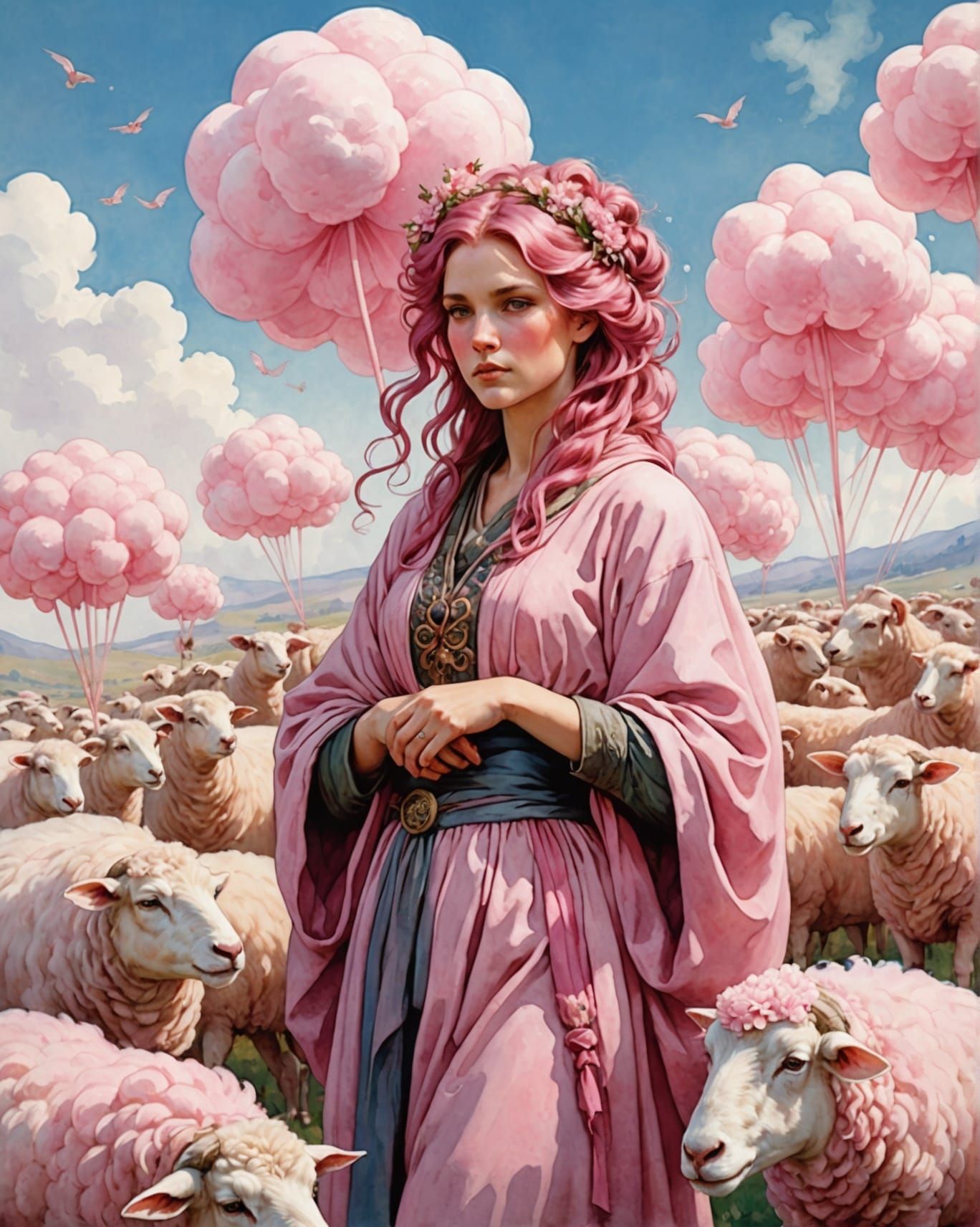 Pink Shepherdess and Cotton Candy Sheep, Art Nouveau