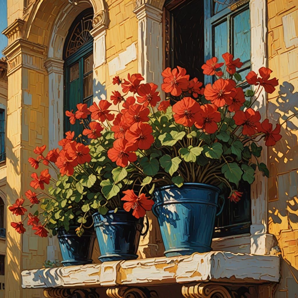 Crimson Geraniums in Seville: Impasto Oil Painting