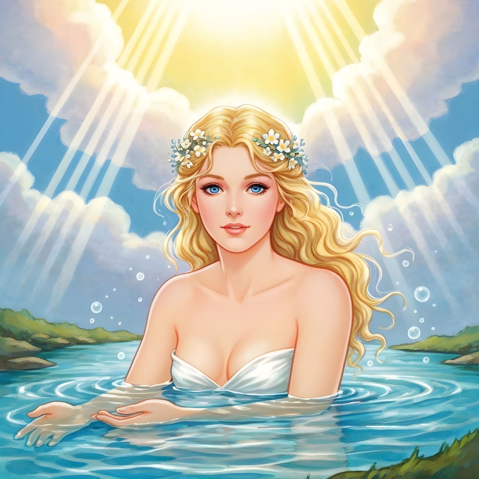 Water Nymph in Stream, Storybook Art Style