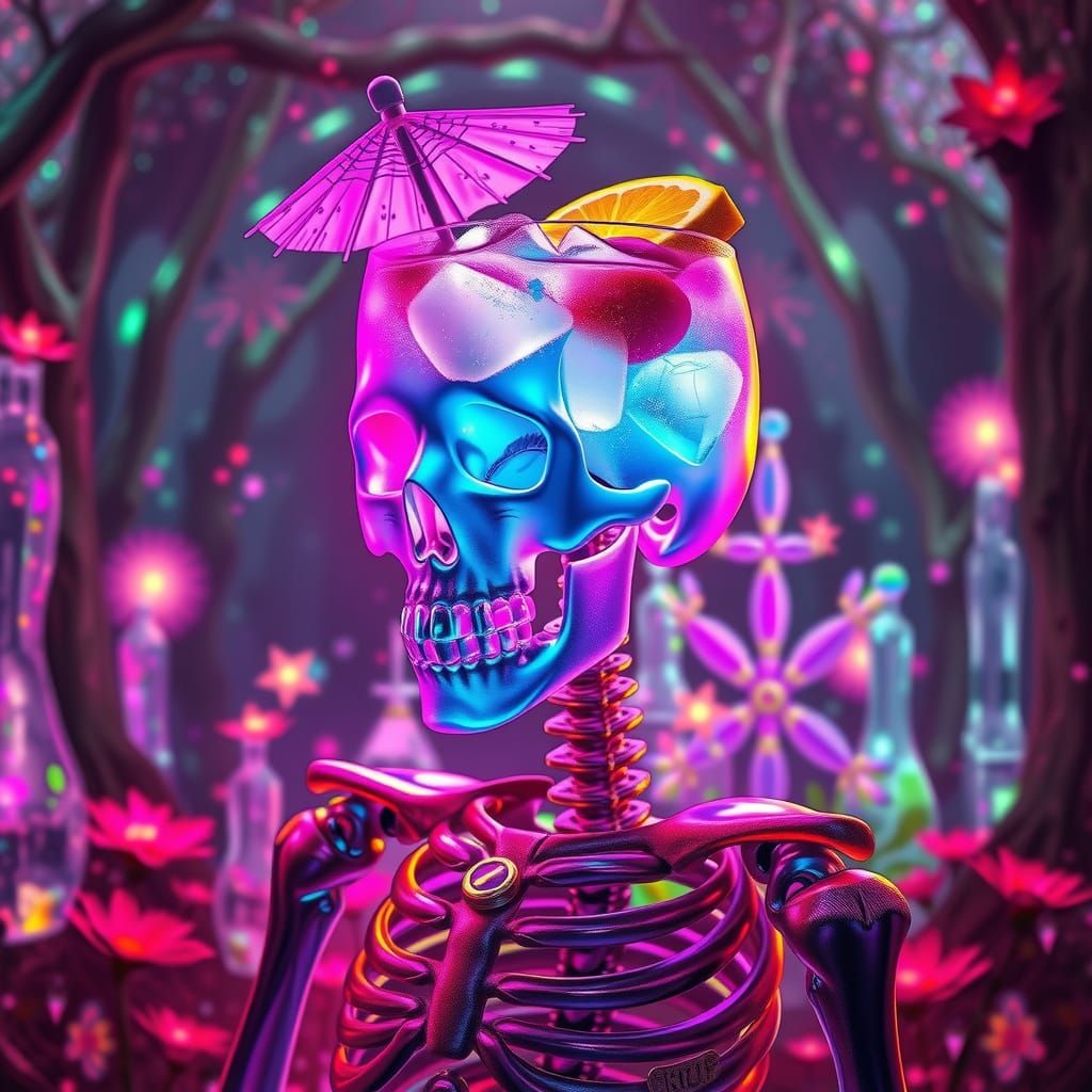 Crystal Skeleton Cocktail in Neon Forest