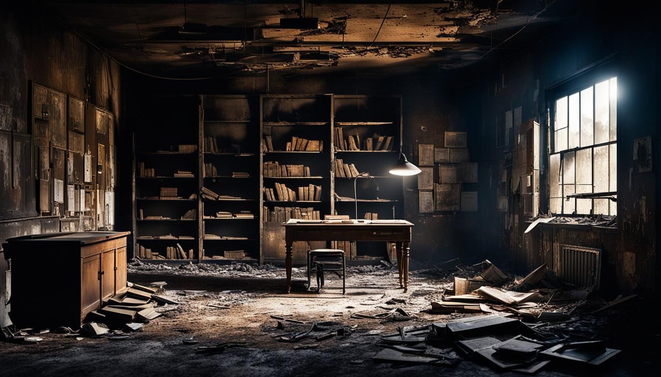 Worn Industrial Room with Dilapidated Bookcase