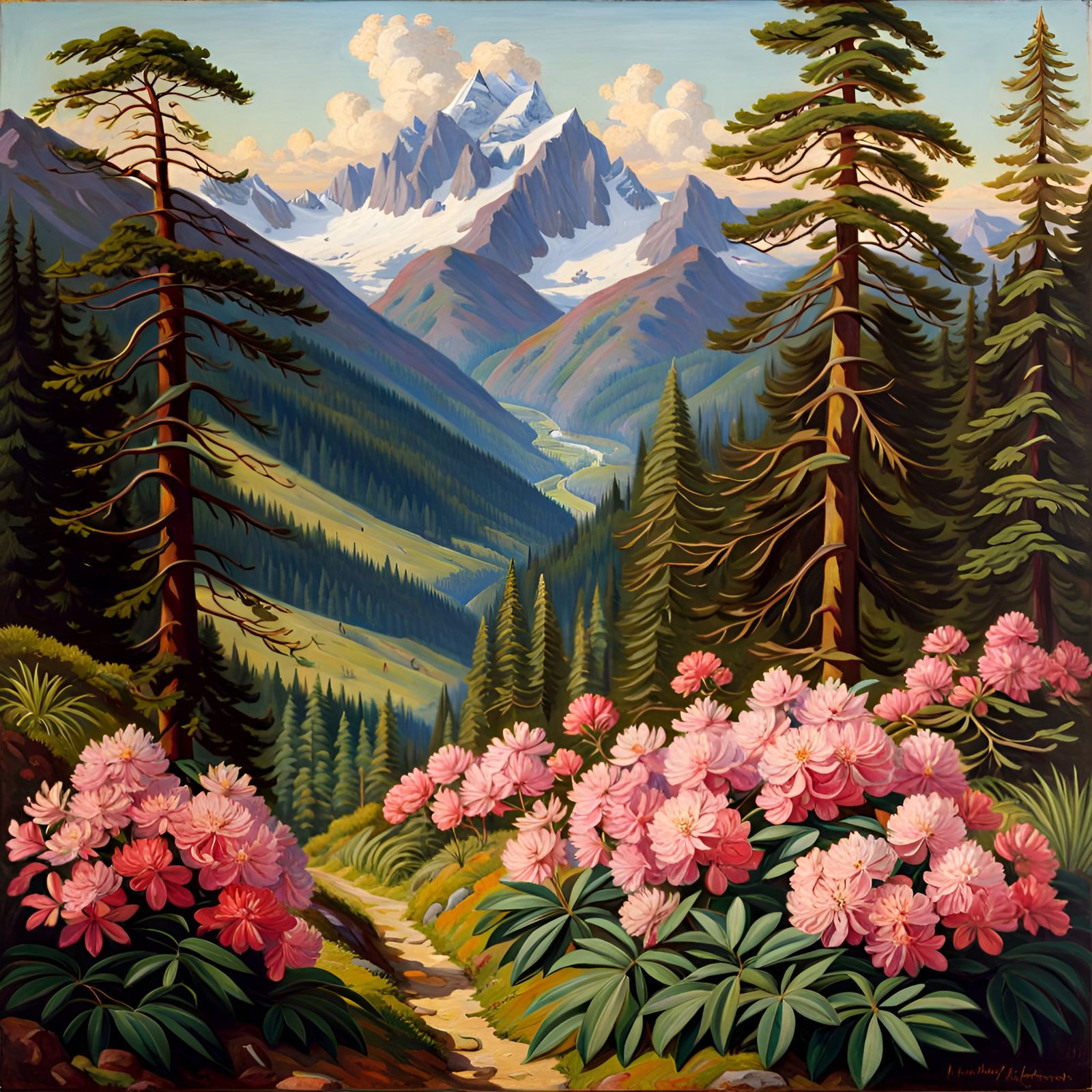 Alpine Valley Oil Painting with Rhododendrons