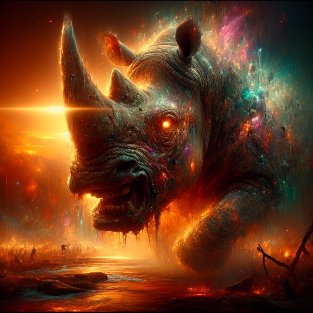Ferocious Rhino in Romanticism Oil Painting Style