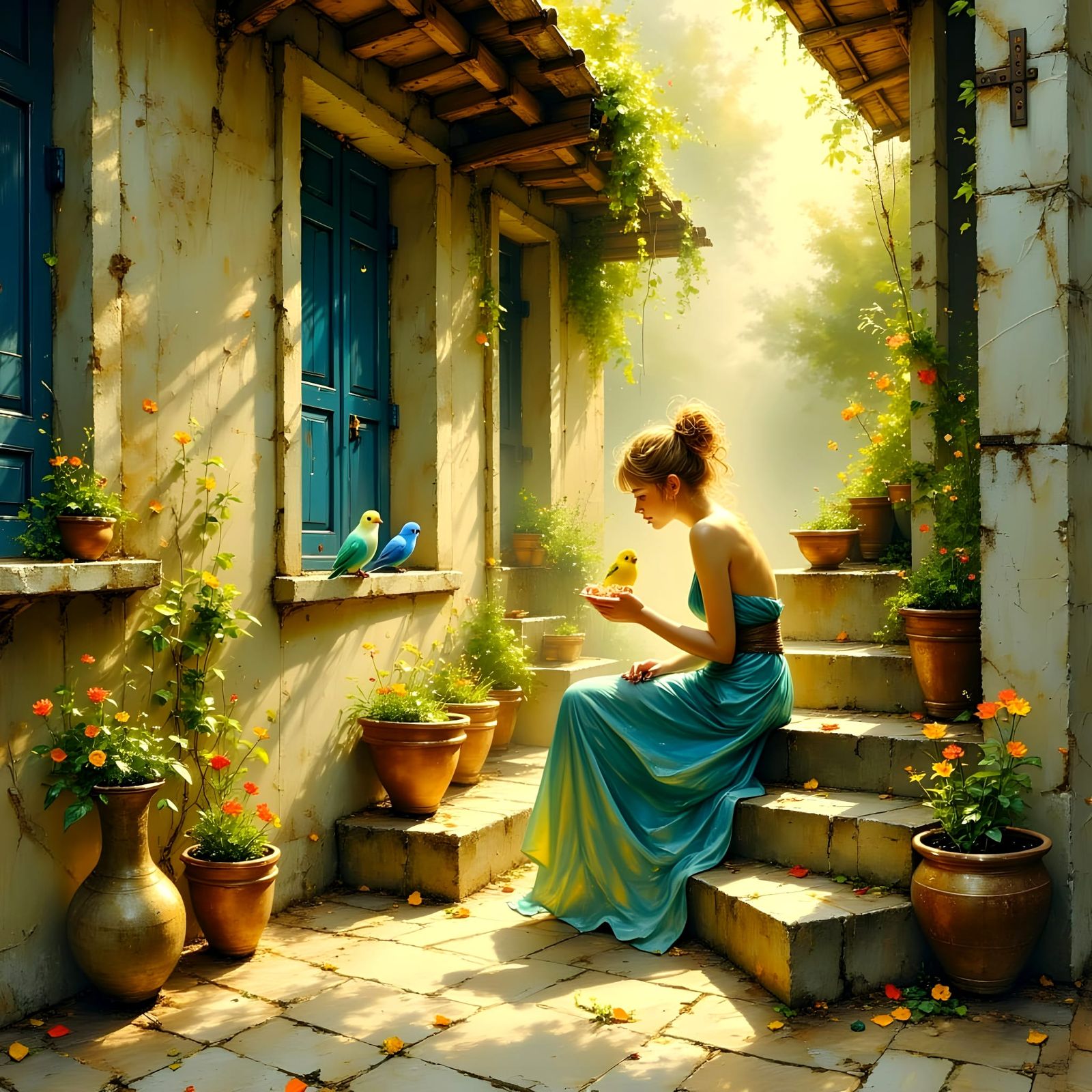 Blond Woman Feeds Budgerigars in Whimsical Courtyard