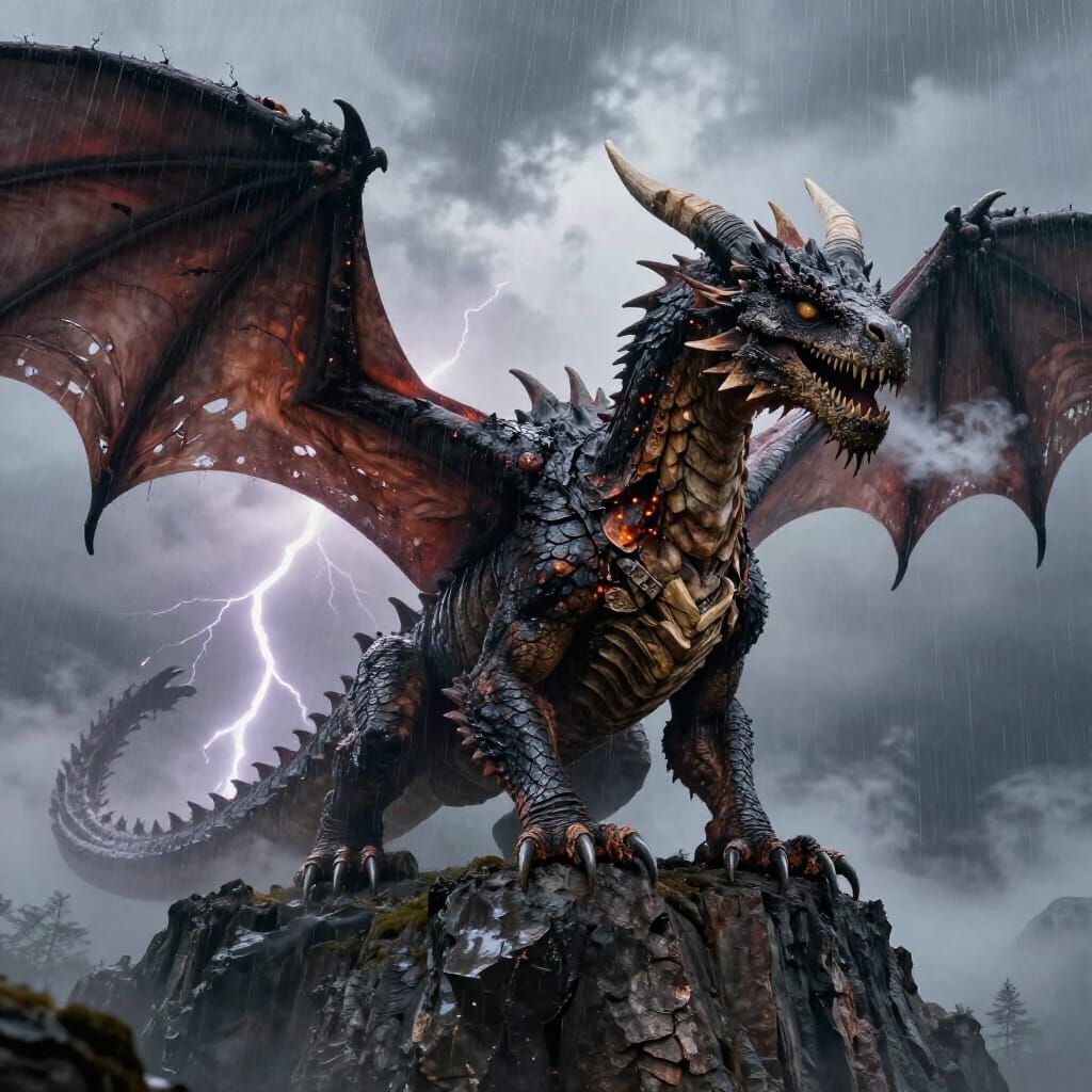 Massive Dragon on Mountain Cliff During Storm - Ultra-Realis...