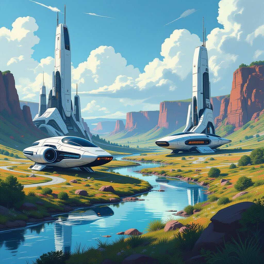 Futuristic Nature-Tech Landscape with Sleek Mechanical Eleme...