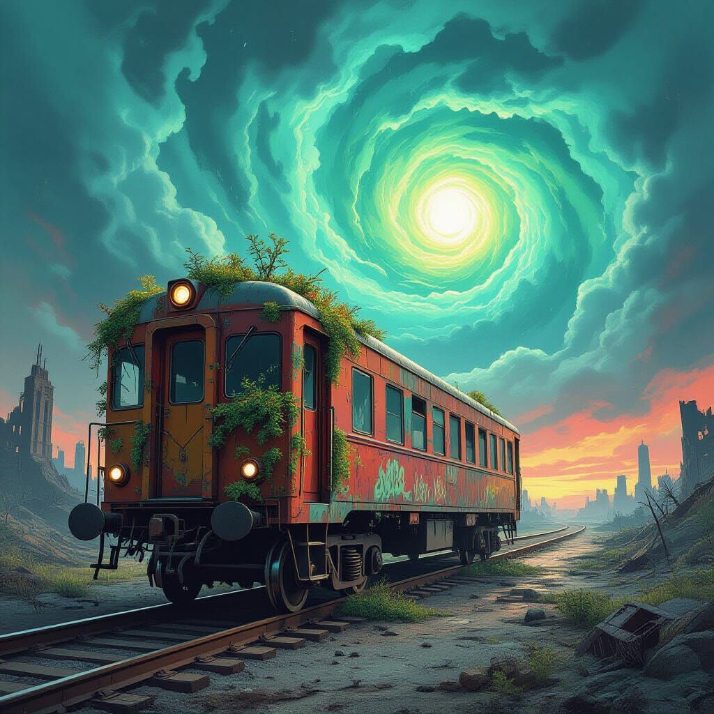 Abandoned Train Car Overgrown With Alien Flora in Wasteland