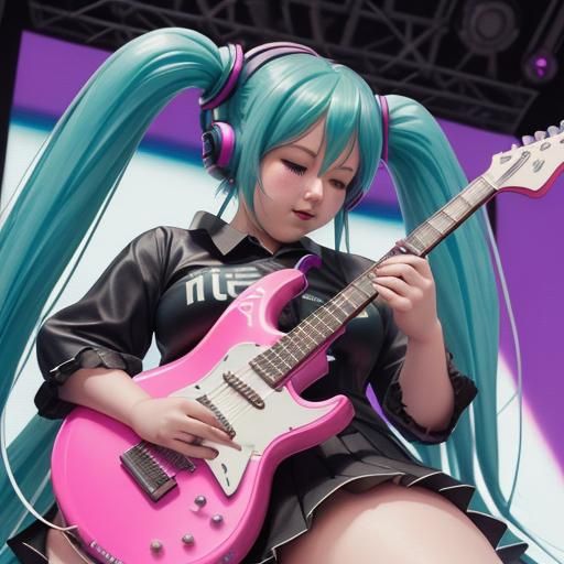 Hatsune Miku Shredding Guitar in Neon Synthwave Style