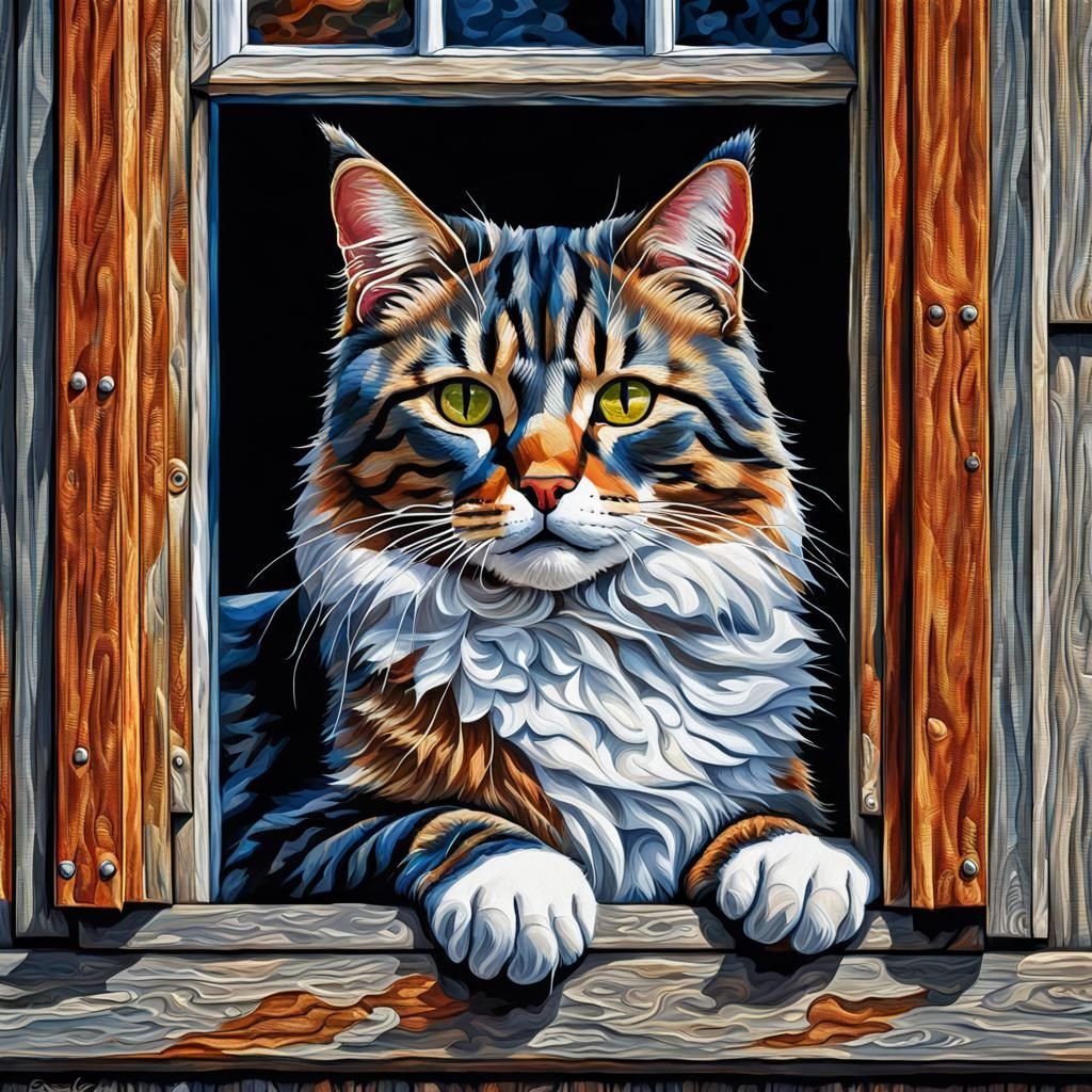 Vibrant Patchwork Quilt of Cat in Window