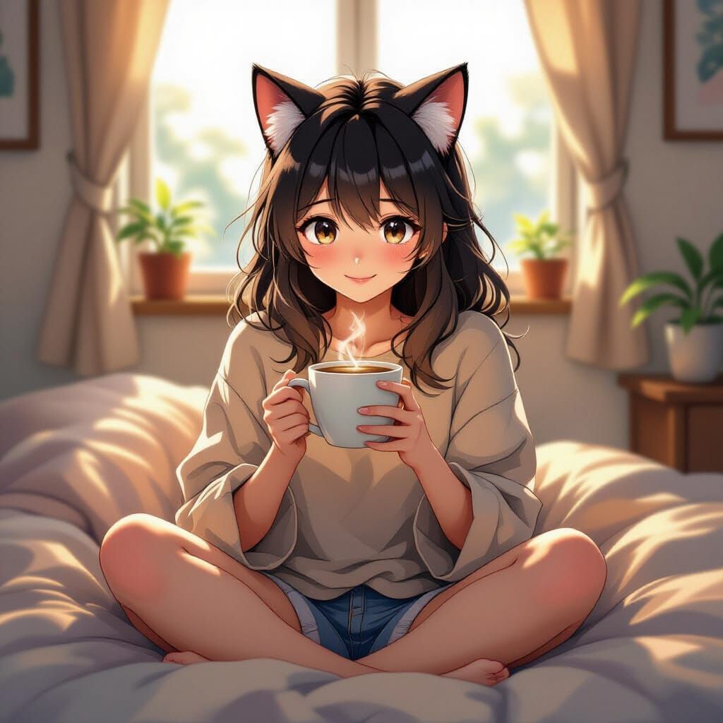 Cozy Anime Girl with Cat Ears and Coffee on Bed
