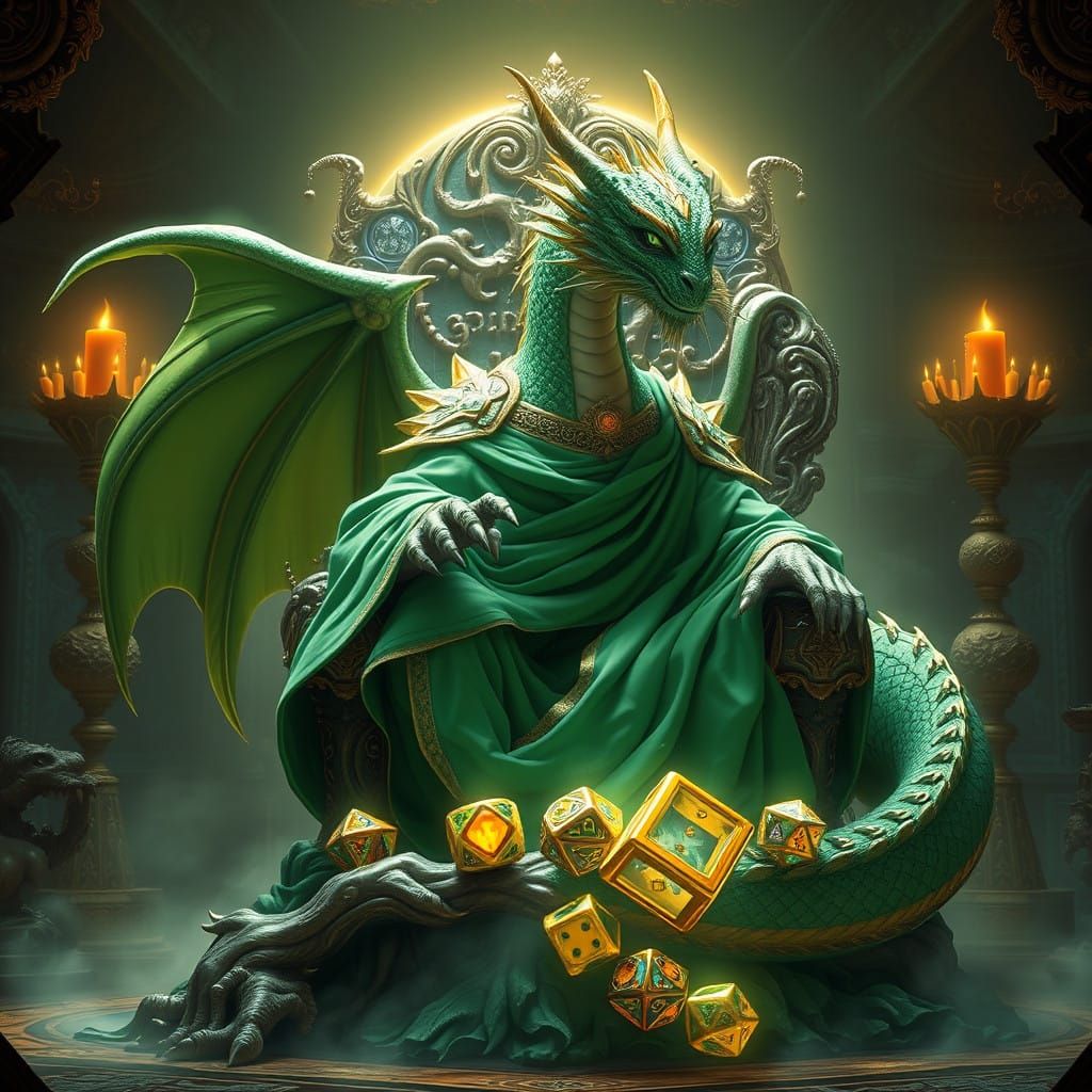 Majestic Dragon King Rolls Dice in Ethereal Light