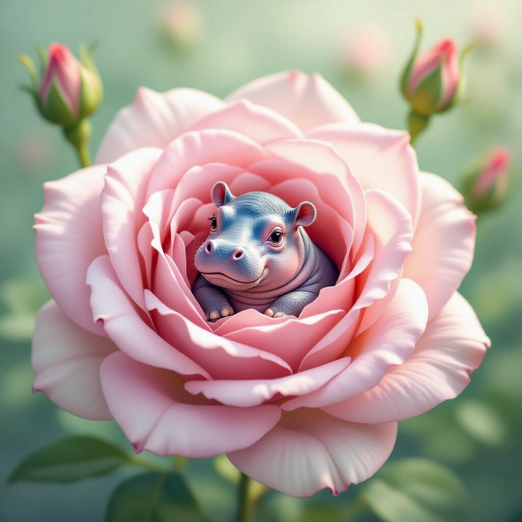 Tiny Hippopotamus in Giant Rose Petals
