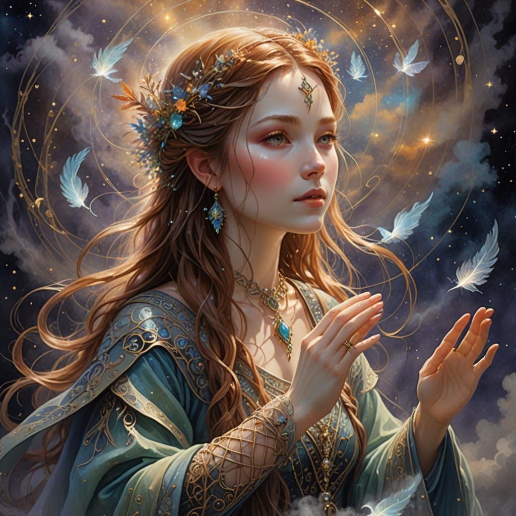 Enchanted Sorceress in Whimsical Dreamlike Scene