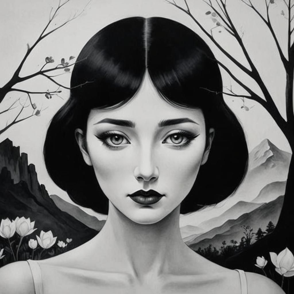 Surreal Black and White Portrait in Retro-Futuristic Style