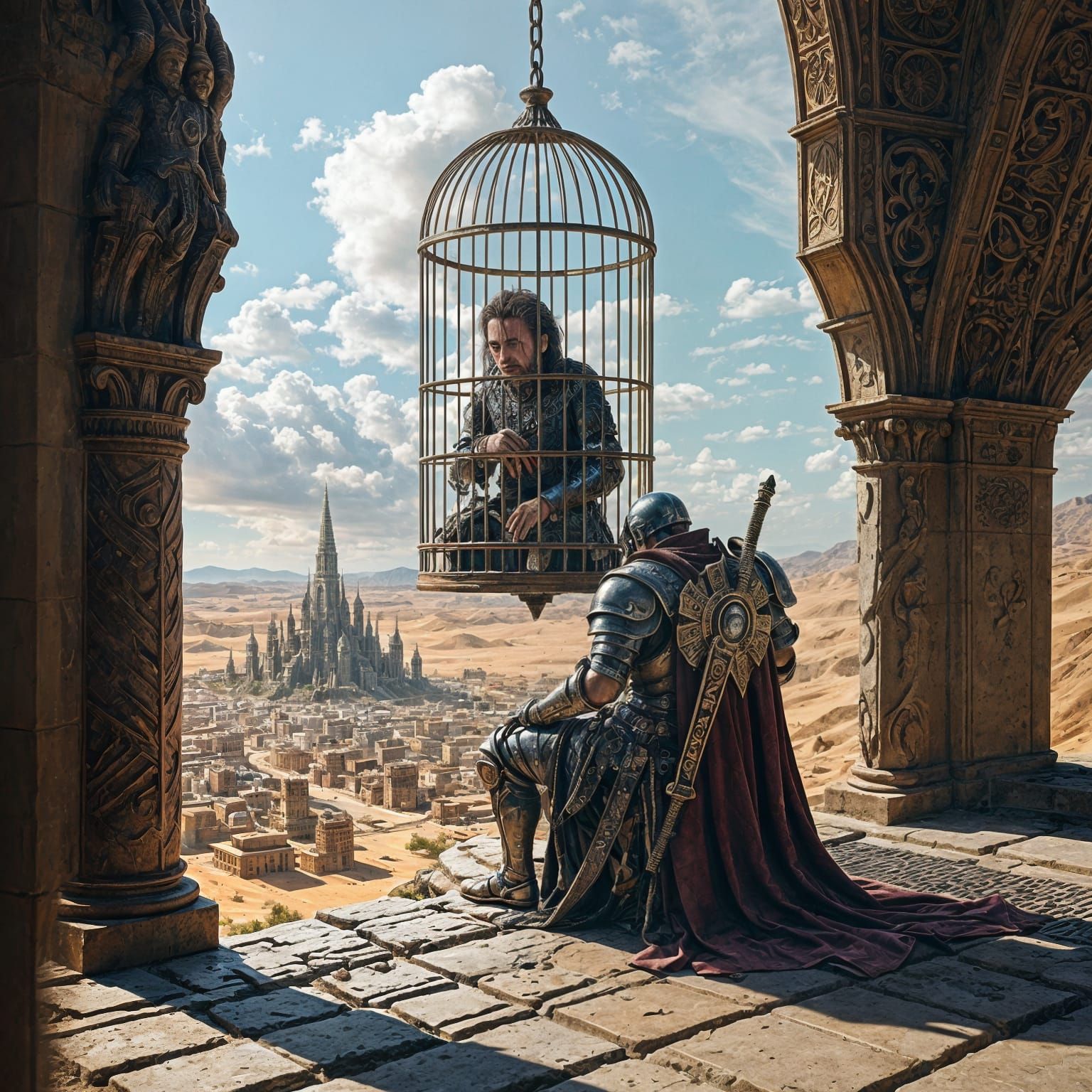 Warlord in Ornate Birdcage Throne Overlooking Ruined City