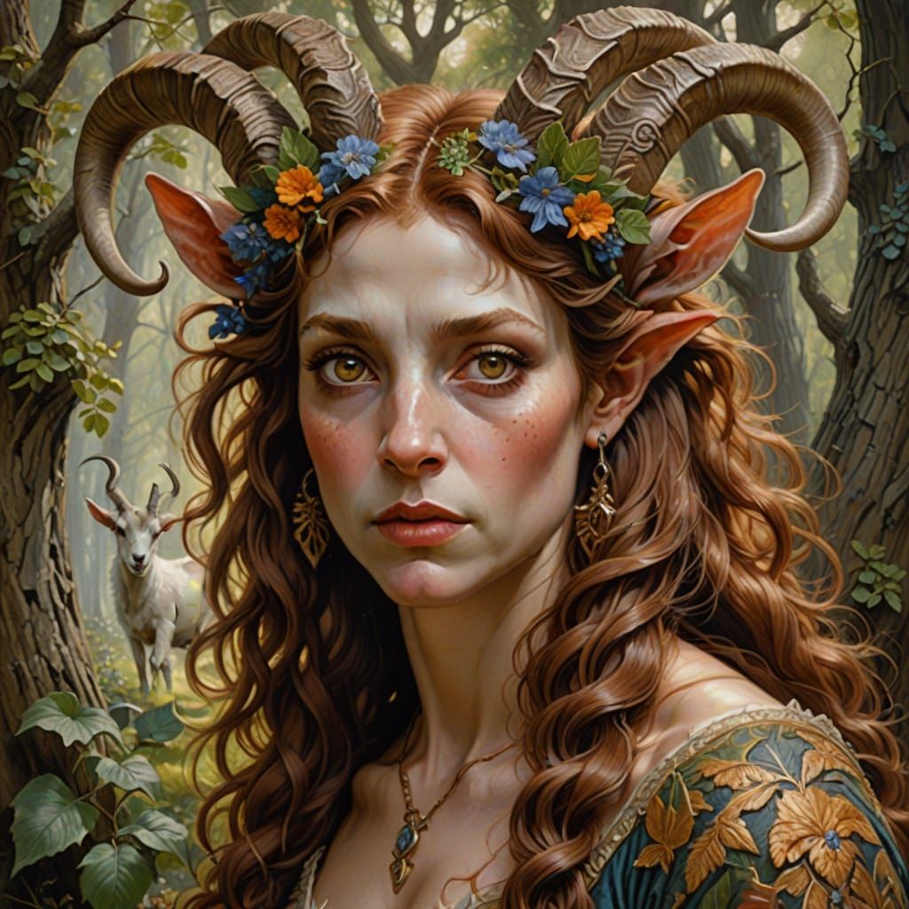 Female Faun as Pre-Raphaelite Oil Painting