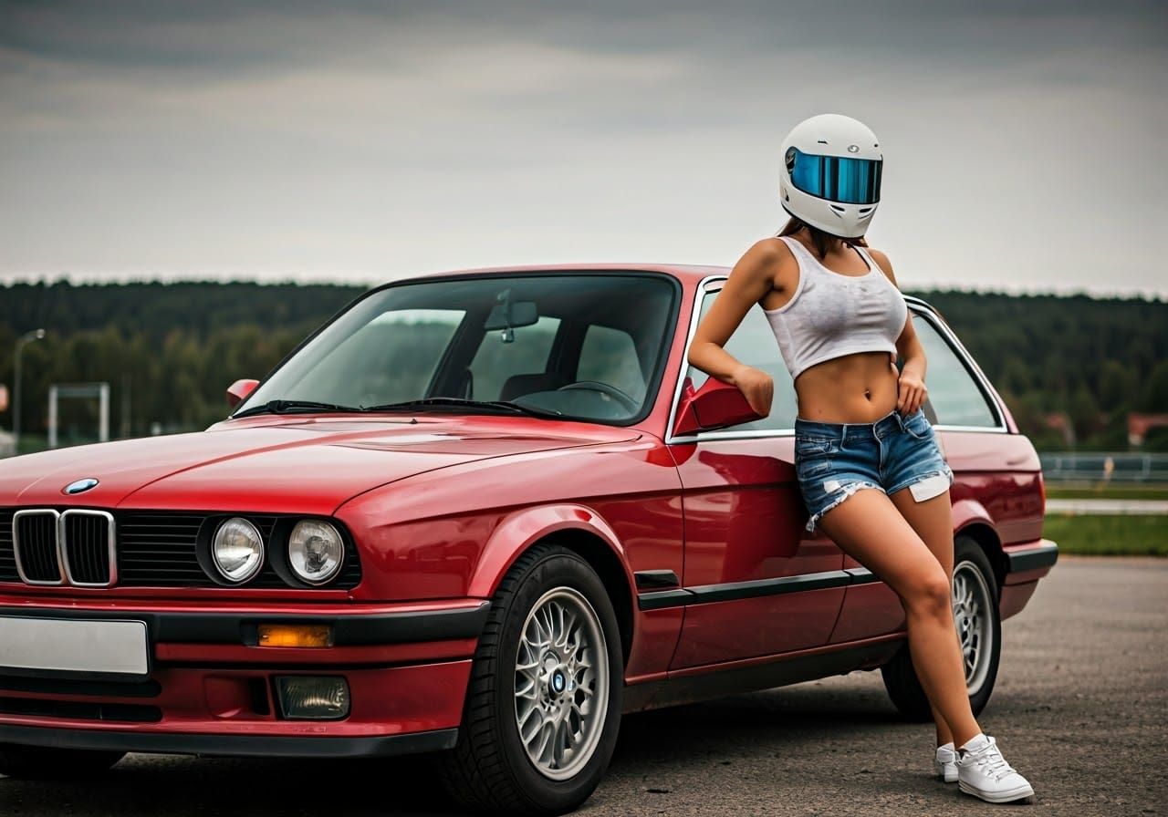 Red BMW E30 Touring with Woman in Racing Helmet