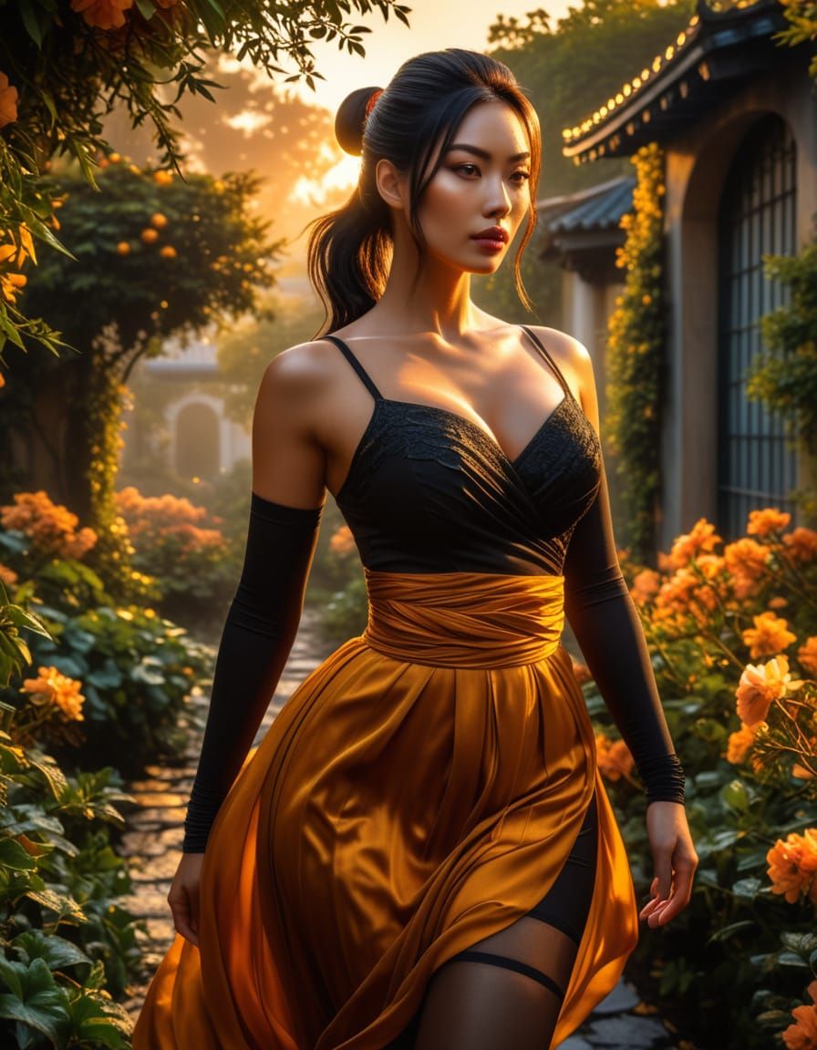 Elegant Baroque Portrait of a Kunoichi in a Serene Garden