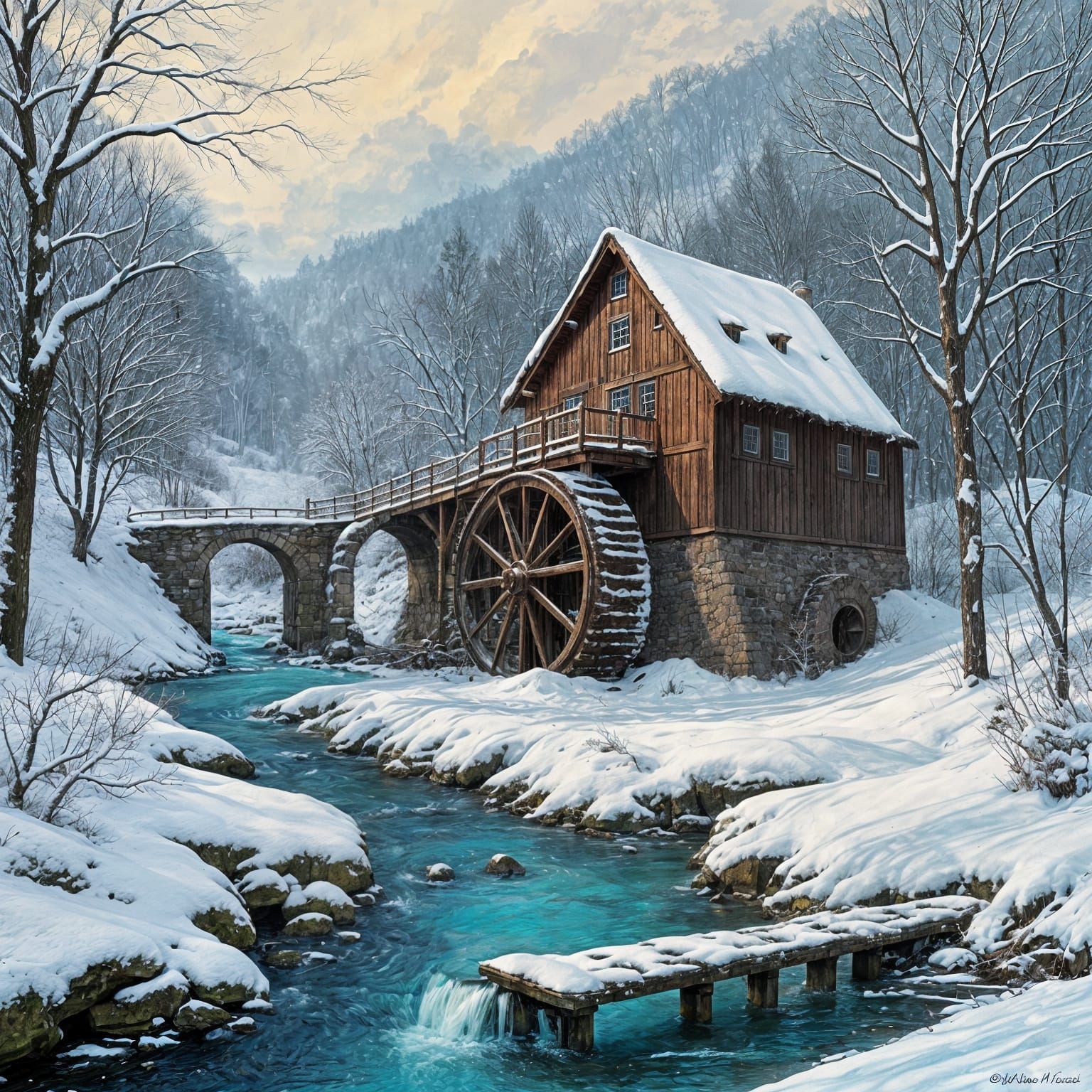 Realistic Winter Watermill Scene with Turquoise Stream
