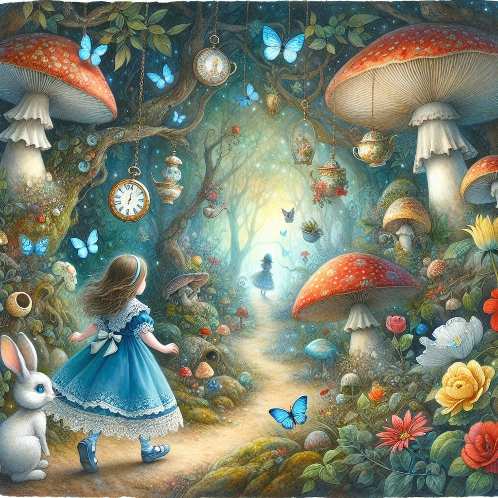 Enchanting Watercolor Forest Scene with Girl and Rabbit