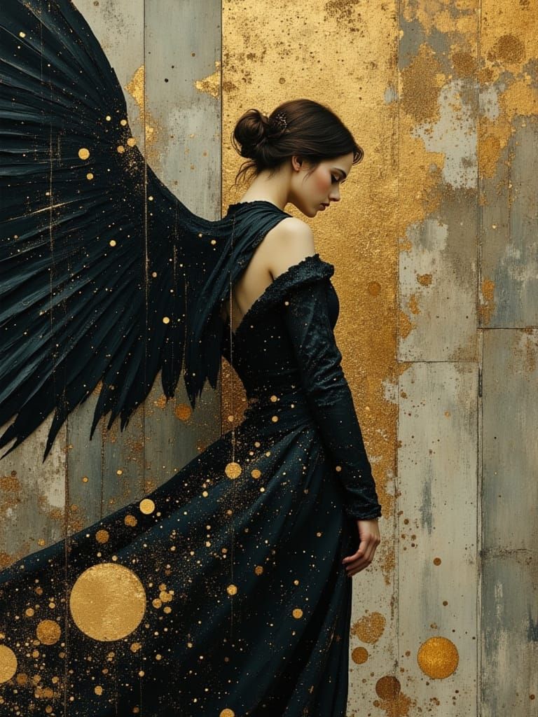 Mysterious Avenging Angel with Dark Wings in a Dreamlike Cyb...
