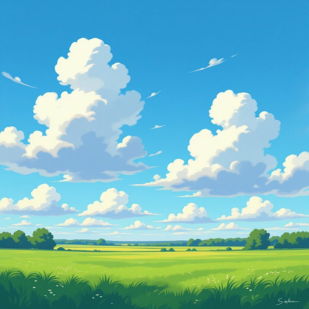 Lush Field Under Blue Sky: Impressionistic Landscape
