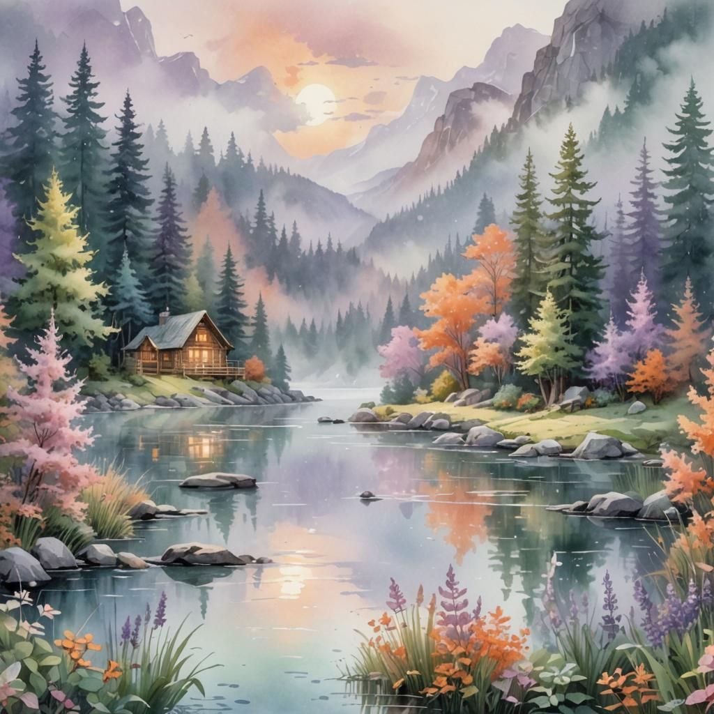 Boho Watercolor Lake Scene with Camping Vibes