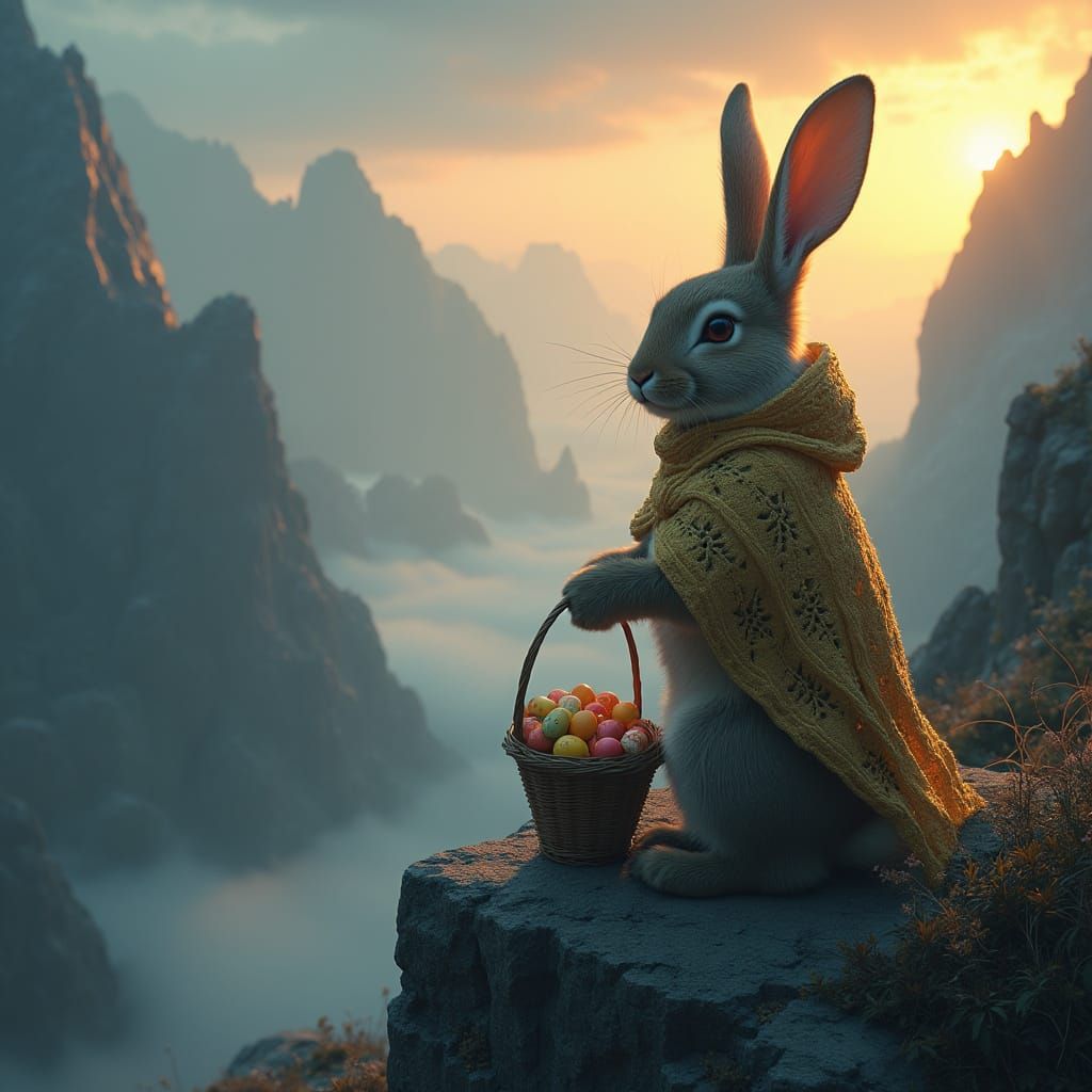 Majestic Easter Bunny Overlooks Mystical Valley at Dusk