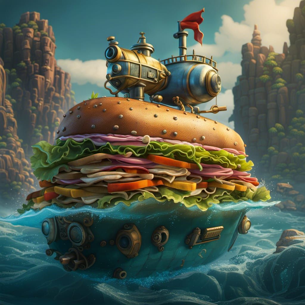 Cartoon Submarine Sandwich: Detailed Fantasy Concept Art