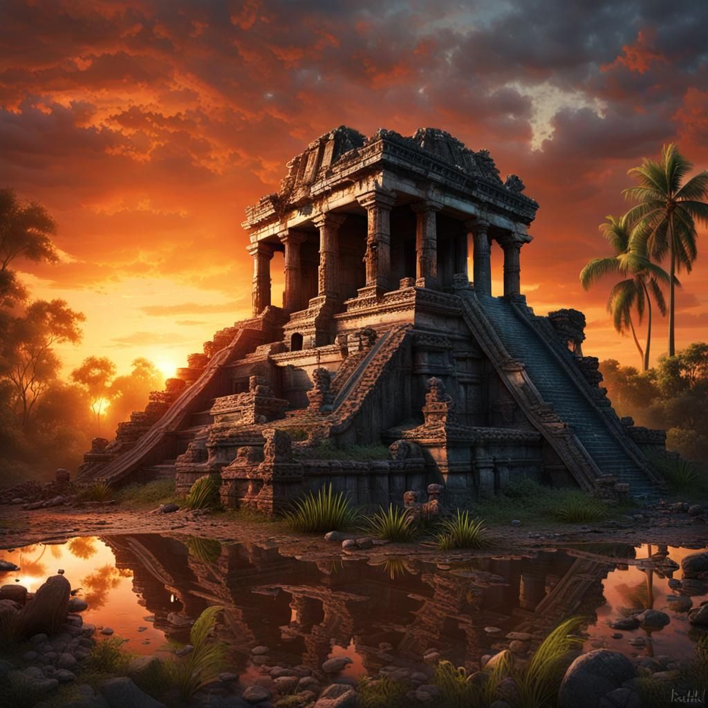Crumbling Mayan Temple at Fiery Sunset in 32k