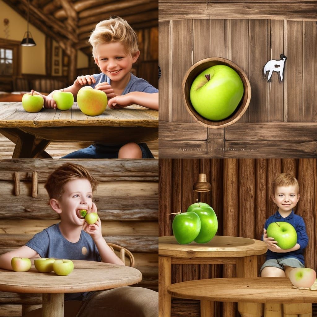 Boy Bites Apple in Rustic Cabin: Hyperrealistic Art
