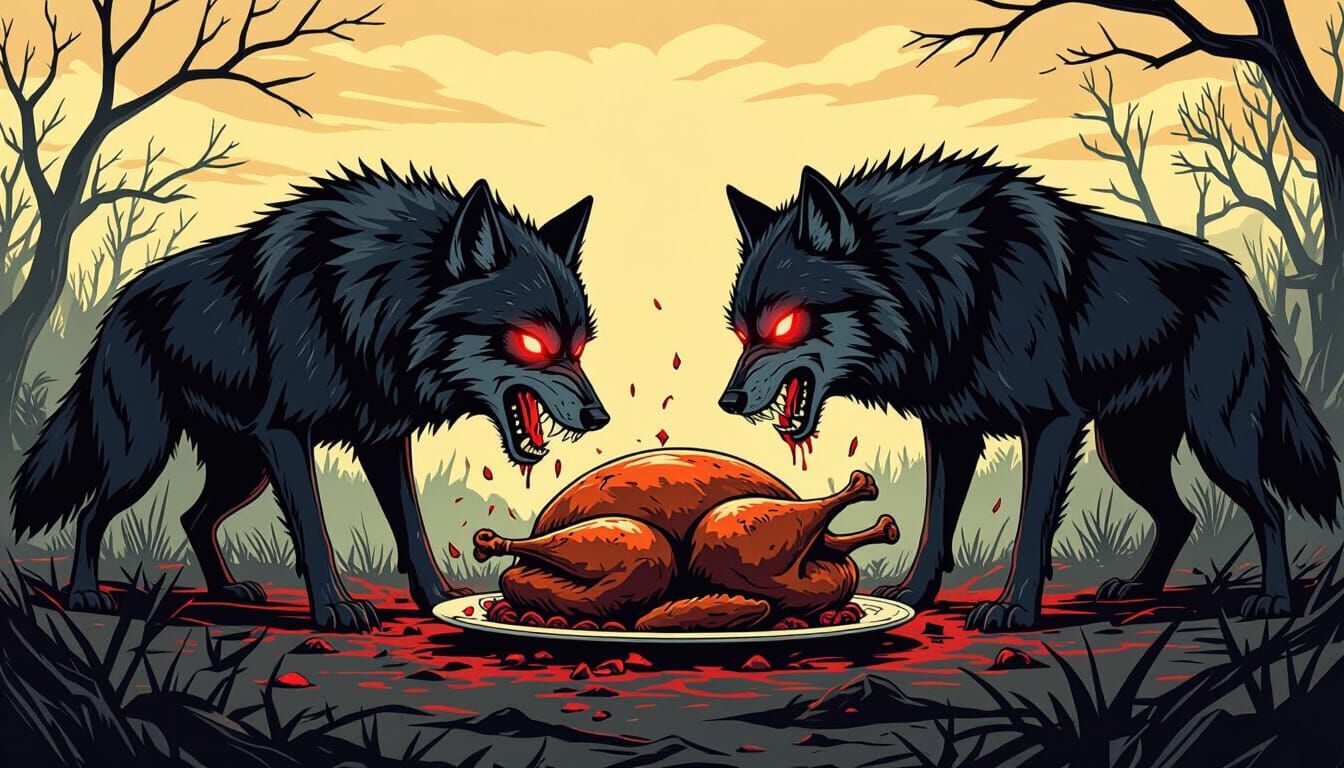 Surreal Hellscape: Wolves Devour Turkey in Ligne Claire Styl...