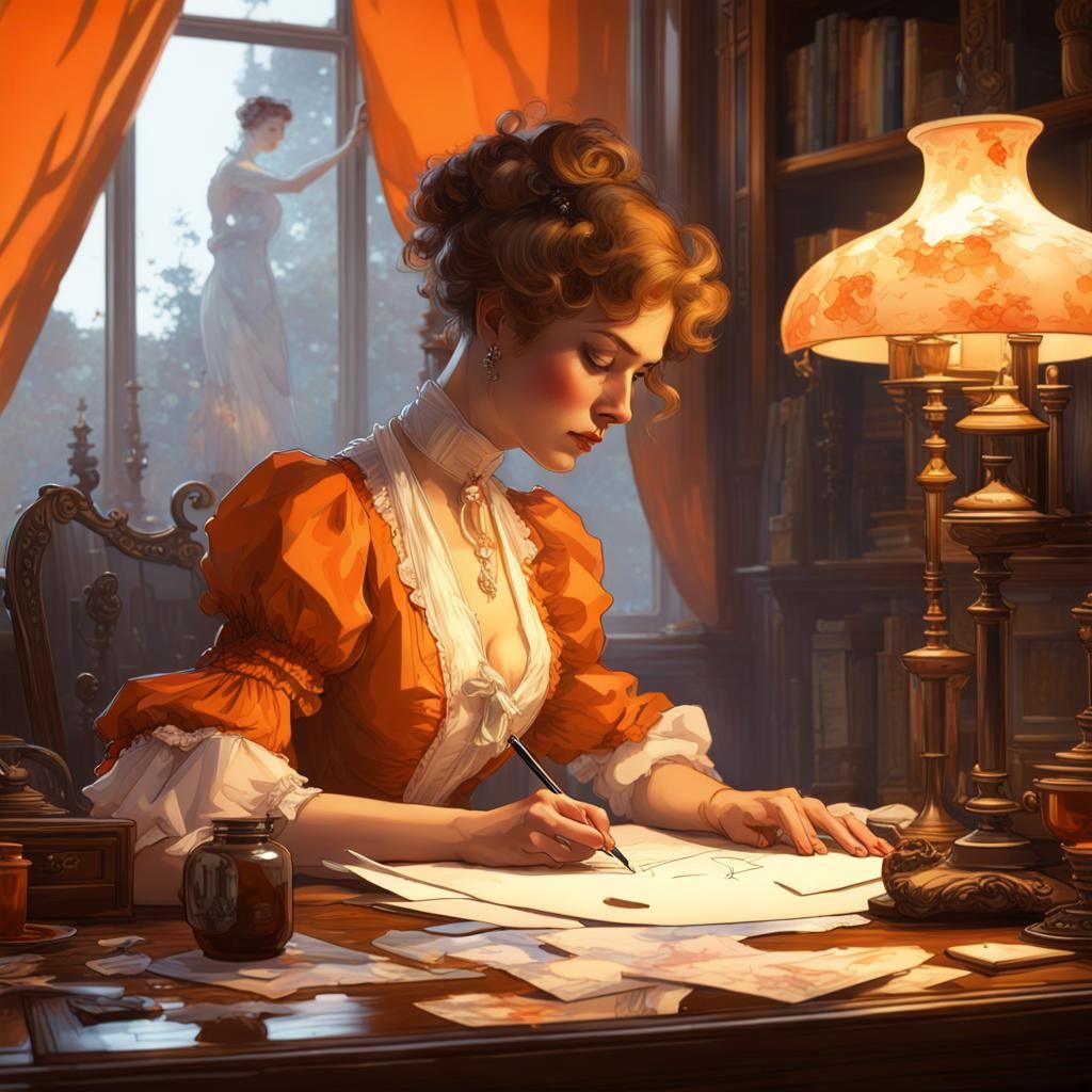 Edwardian Lady's Ink Spill, Alphonse Mucha Style