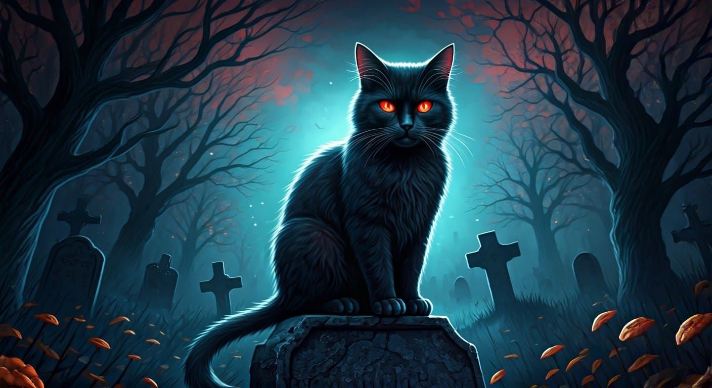 Mysterious Black Cat in Graveyard, Hyperrealistic Style