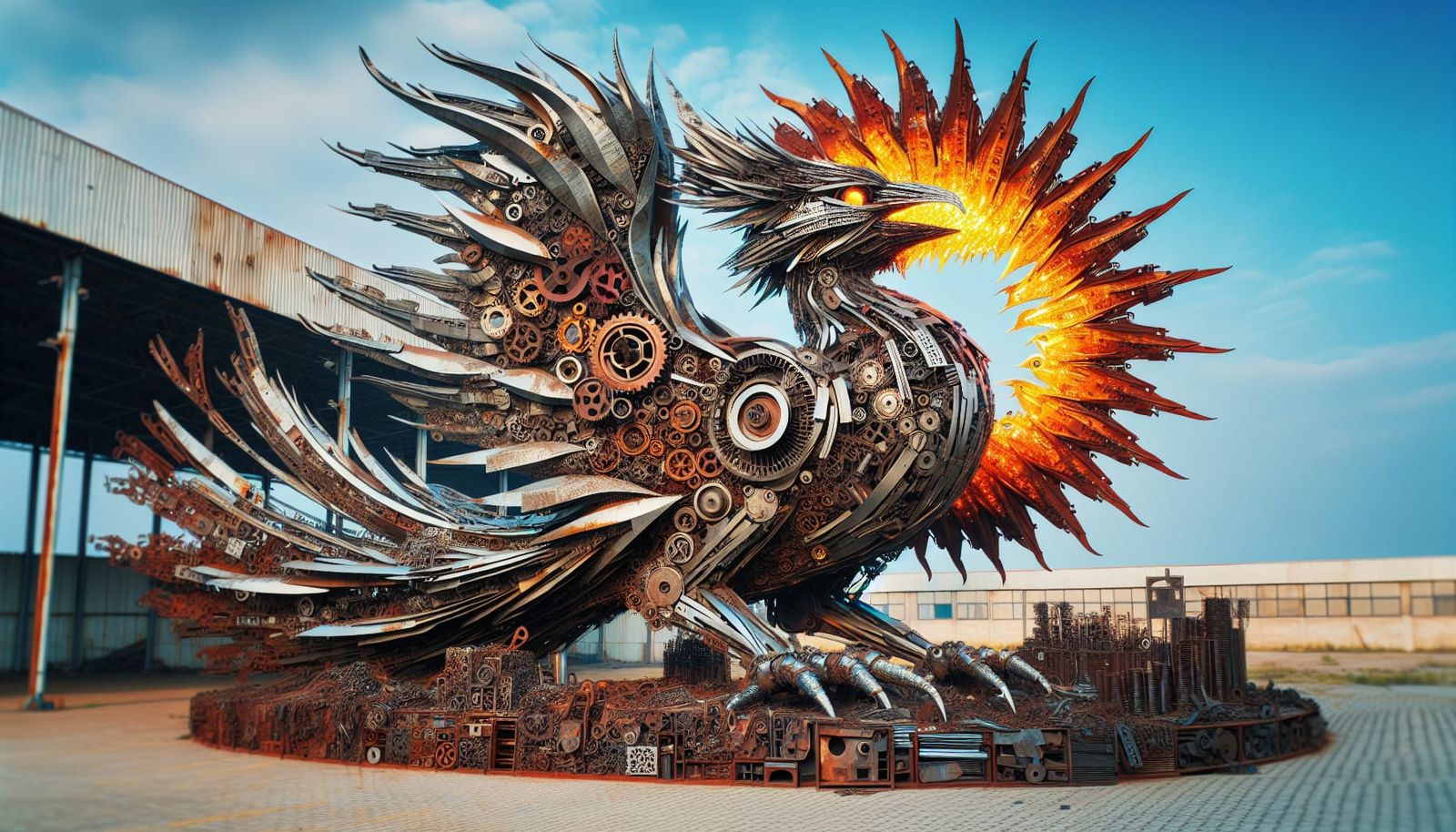 Mechanical Phoenix Sculpture in Reclaimed Junkyard