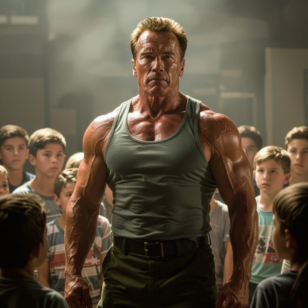 Arnold Schwarzenegger Flexes for Kids: Cinematic Film Still