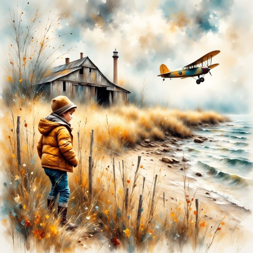 Boy Watches Airplane Landing: Impressionist Watercolor