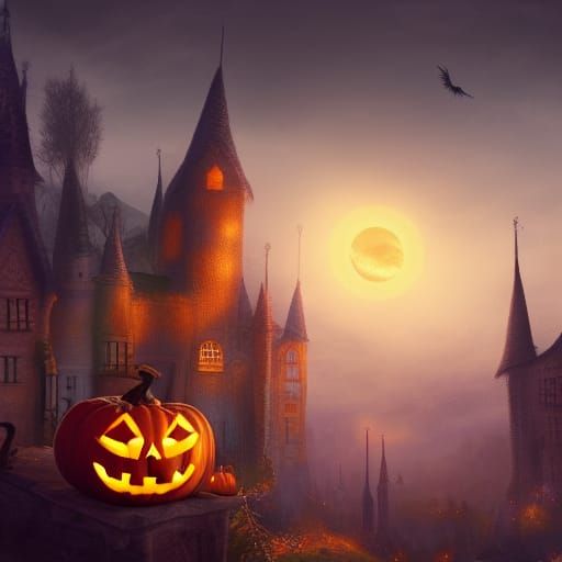 Witch Flying Over Town at Twilight