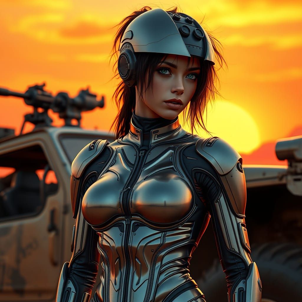 Cyborg Goddess in Metallic Armor Beside Mad Max-Inspired War...