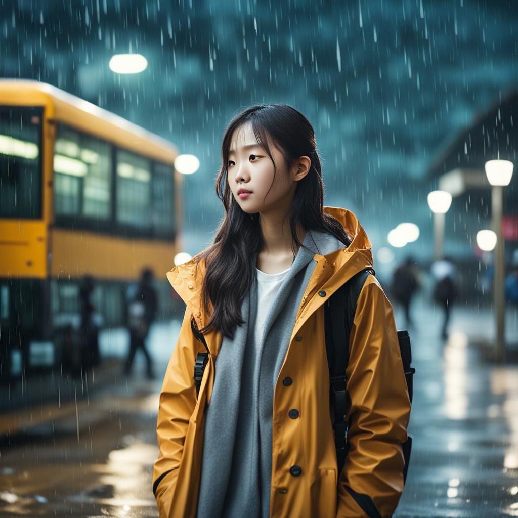 Korean Girl in Rain at Bus Station: Realistic Photo