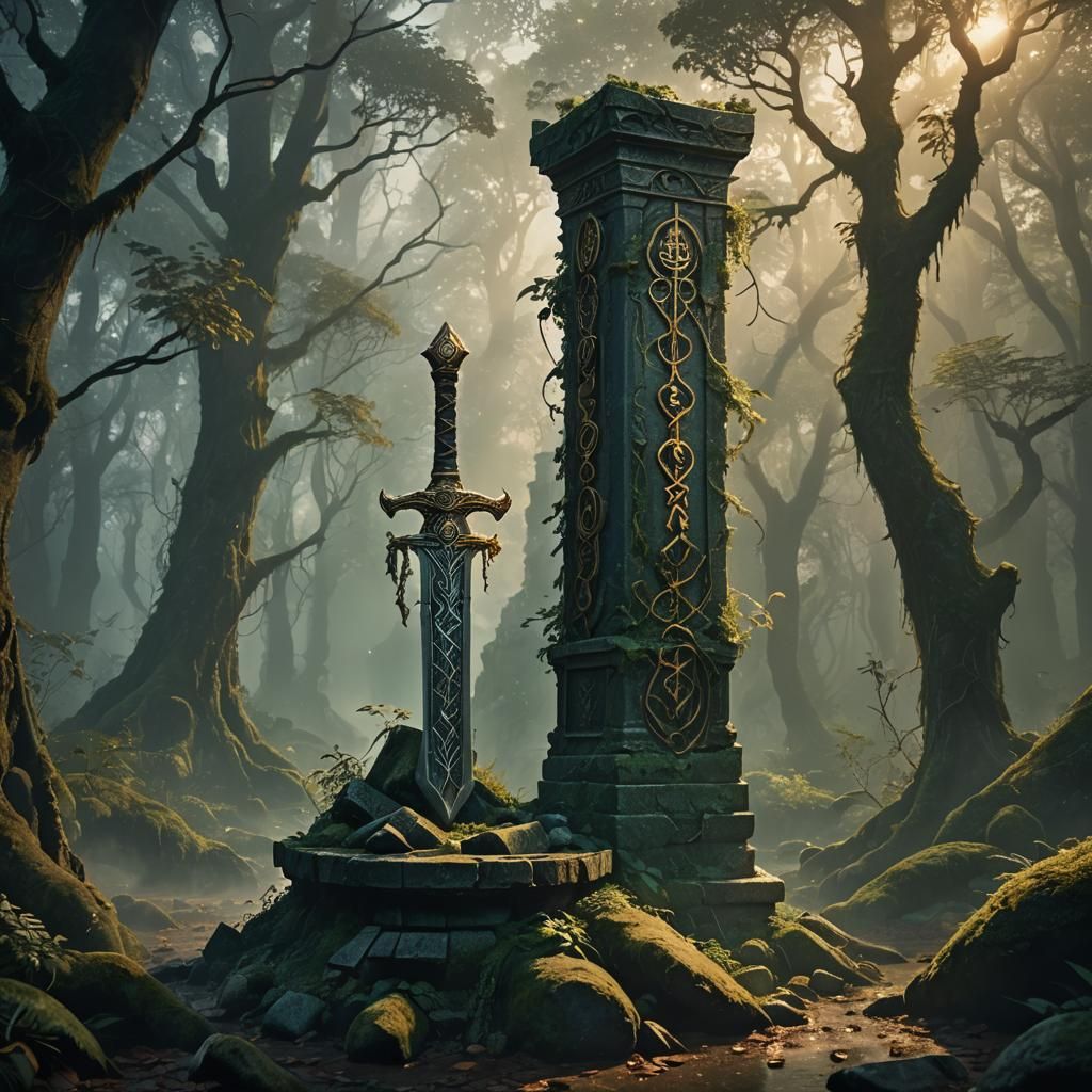 Enchanted Sword in Misty Forest Concept Art