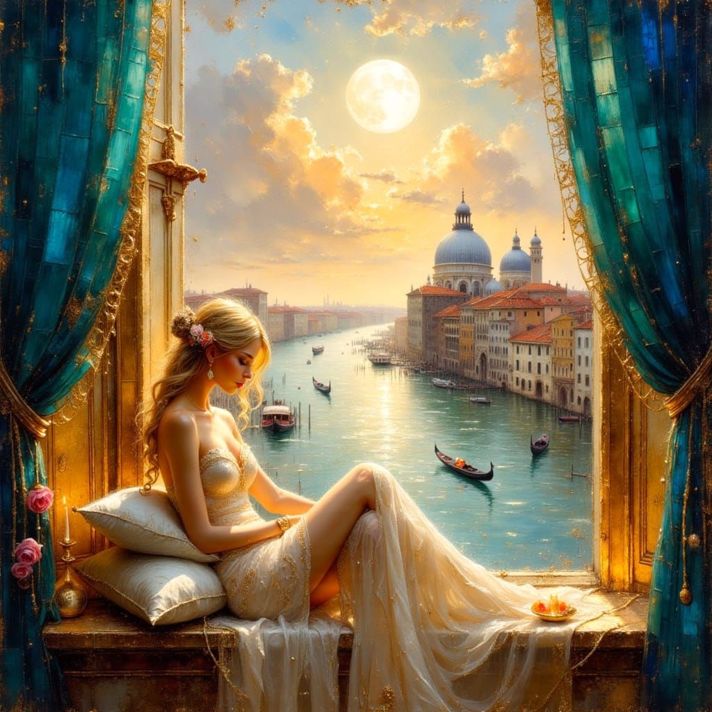 Venetian Blonde in Opulent Apartment, as Oil Painting