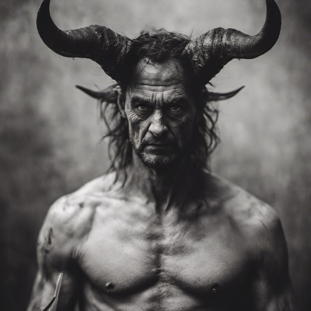 A head shot of Satan. He looks like a man but pure evil. He ...